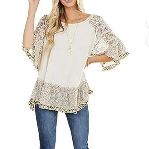 Women's Boho Ruffle 3/4 Slv Leopard Floral Print Blouse Sz XXXL